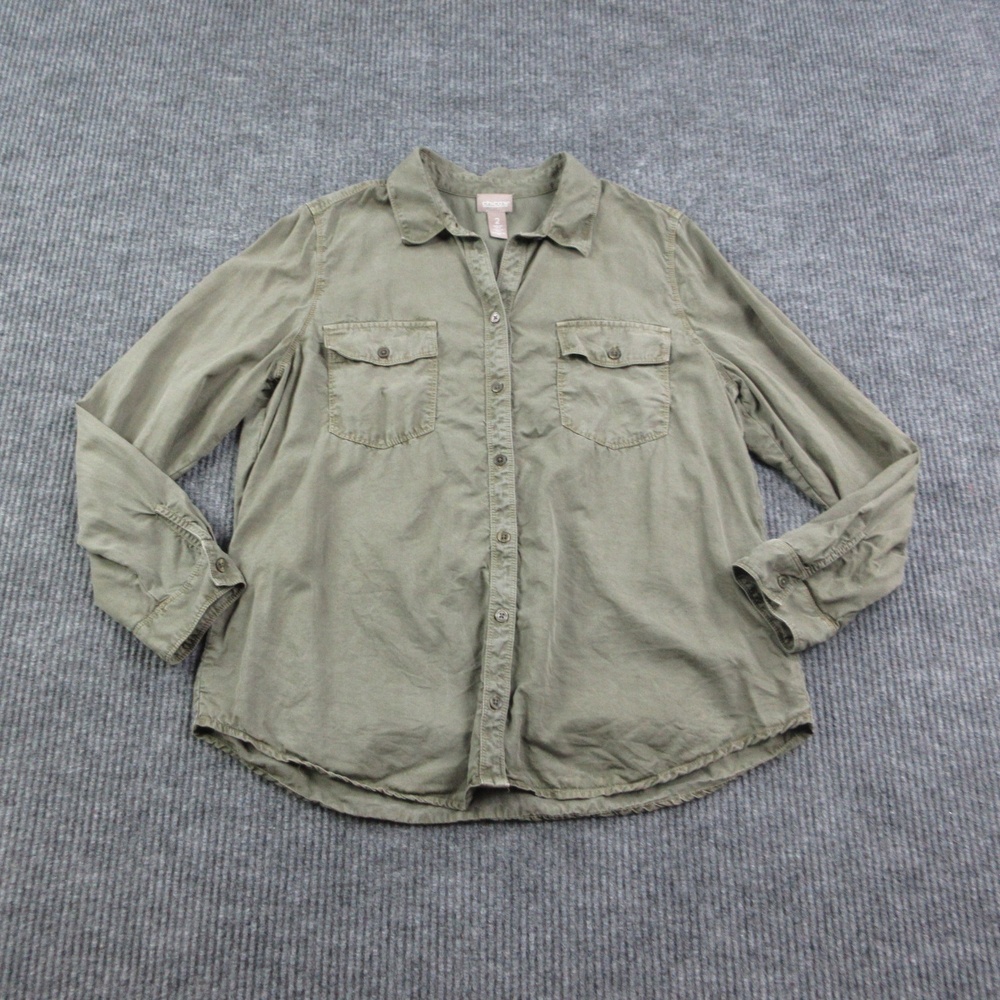 Chico's Button-Up Womens 2 Green Tunic Lyocell Twill Long Sleeve Relaxed